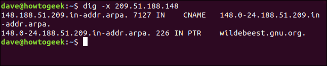 O comando "dig -x 209.51.188.148" em uma janela de terminal.