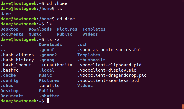 cd / home e outros comandos para testar o firectory / home em uma janela de terminal