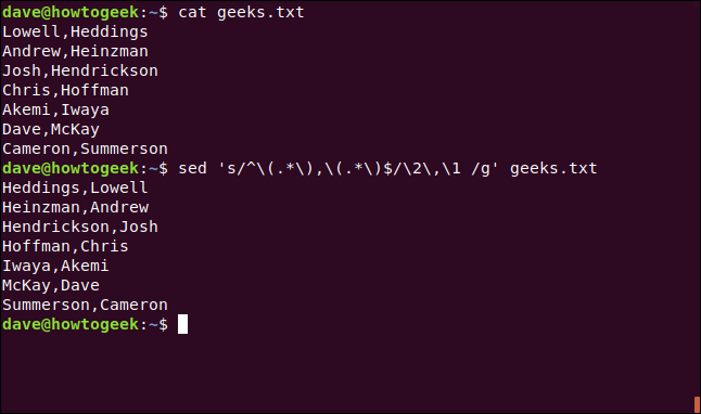 Os comandos "cat geeks.txt" e "sed 's / ^ \ (. * \), \ (. * \) $ / \ 2, \ 1 / g' geeks.txt" em uma janela de terminal.