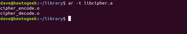 ar -t libcipher.a em uma janela de terminal