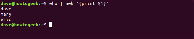 O comando "who | awk '{print $ 1}'" em uma janela de terminal.