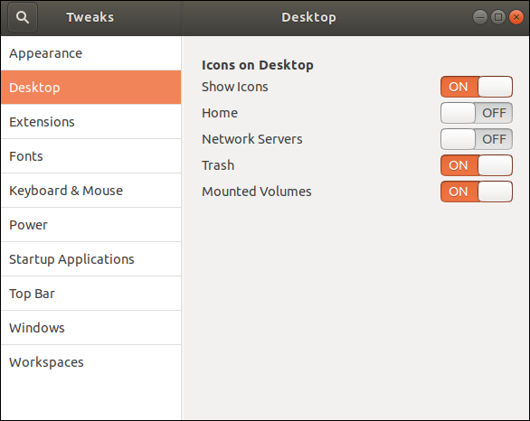 As configurações da área de trabalho na janela do aplicativo no Ubuntu 18.04