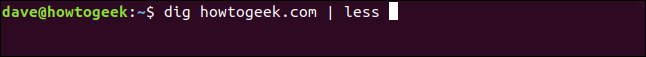 O comando "dig howtogeek.com | less" em uma janela de terminal.