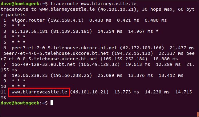 O comando "traceroute www.blarneycastle.ie" em uma janela de terminal.