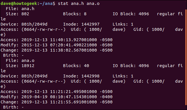 stat ana.h ana.o em uma janela de terminal