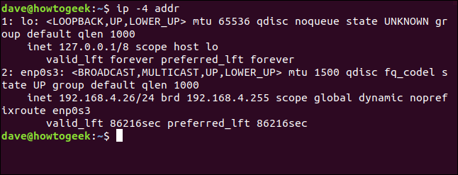 O comando "ip -4 addr" em uma janela de terminal.