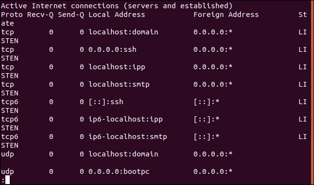 Saída de netstat -a |  menos em uma janela de terminal