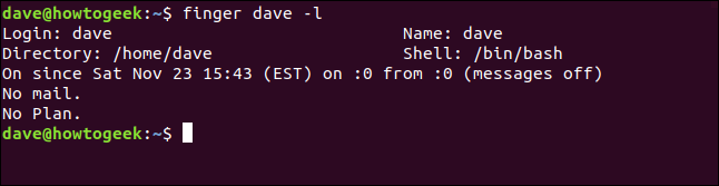 Saída de finger dave -l em uma janela de terminal