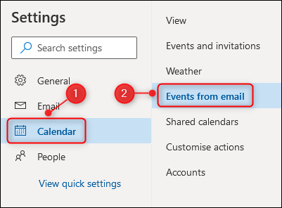 As opções "Calendário" e "Eventos de e-mail".