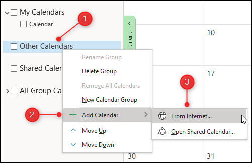 A opção de menu "Adicionar calendário".