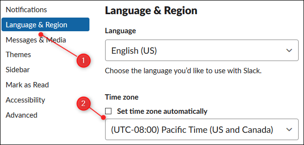 Clique em "Idioma e região", clique no menu suspenso e selecione o fuso horário.