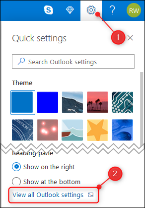 A opção de configurações do Outlook.