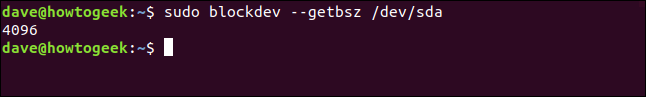 O comando "sudo blockdev --getbsz / dev / sda" em uma janela de terminal.