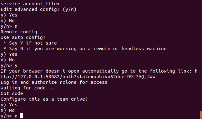 O rclone "configure isto como um drive de equipe" prompt em uma janela de terminal
