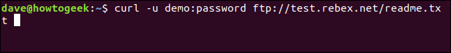curl -u demo: senha ftp://test.rebex.net/readme.txt em uma janela de terminal