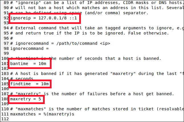 /etc/fail2ban/jail.local aberto em uma janela do gedit e rolado para a linha 89.