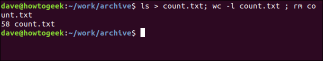 Um comando "ls> count.txt; wc -l count.txt; rm count.txt" em uma janela de terminal