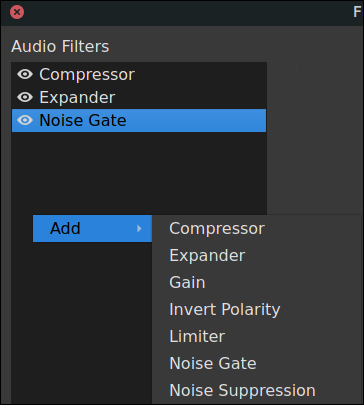 Filtros OBS para caixa de diálogo de microfone adicionando um filtro