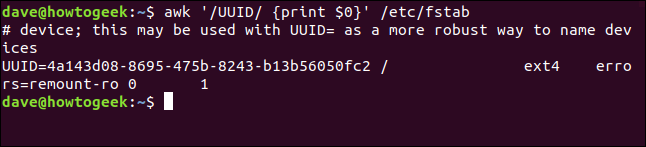 O comando "awk '/ UUID / {print $ 0}' / etc / fstab" em uma janela de terminal.