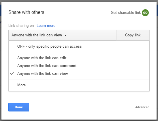 As opções "Compartilhar com outras pessoas" no Apresentações Google.