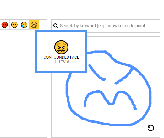 O recurso de pesquisa "Desenhar" com um rosto triste desenhado e os emojis resultantes.