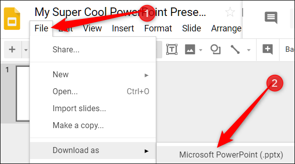 Clique em “Arquivo”, “Baixar como” e clique em “Microsoft PowerPoint”.