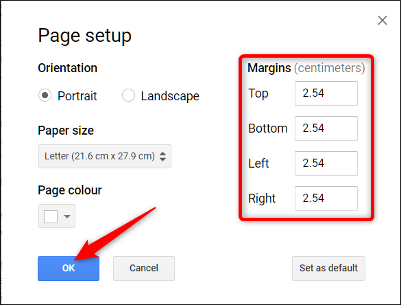 No menu Configurar página, escolha o tamanho do espaço em branco da margem e clique em OK