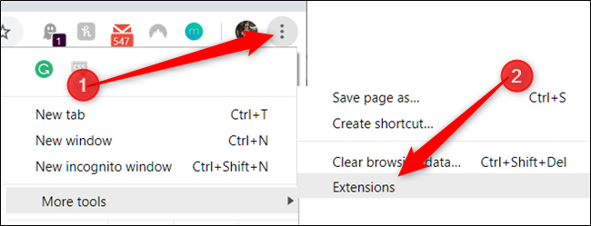 Clique no ícone Menu, aponte para mais ferramentas e clique nas extensões