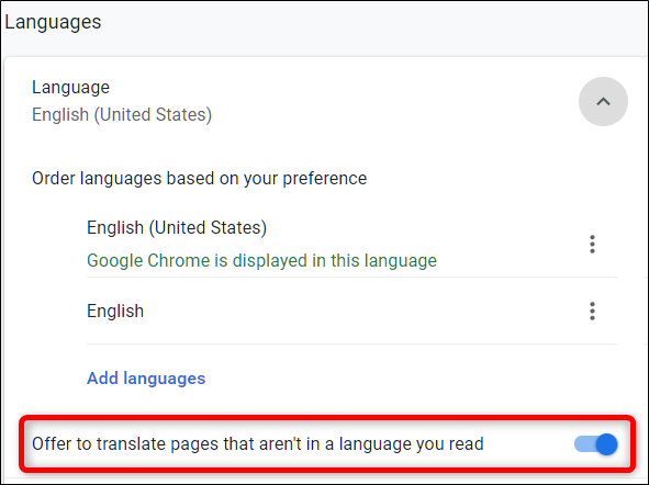 Desative a opção "Oferecer-se para traduzir páginas que não estão em um idioma que você lê", no título Idioma