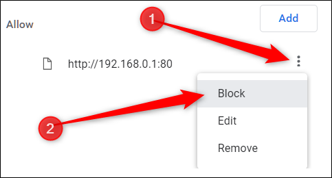 Ao lado do site que você deseja bloquear, clique em Mais e em Bloquear