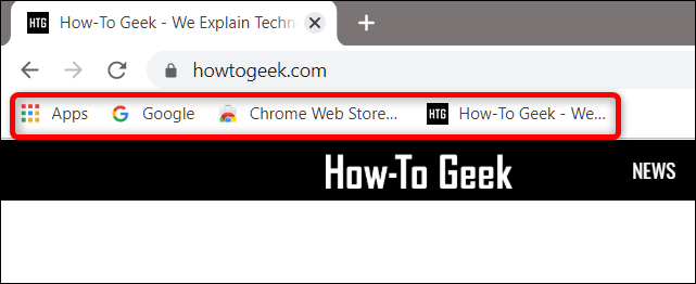 A barra de favoritos abaixo da barra de endereço, mostrando todos os sites fixados.