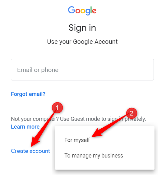 Clique em Criar conta e, em seguida, clique em Para mim