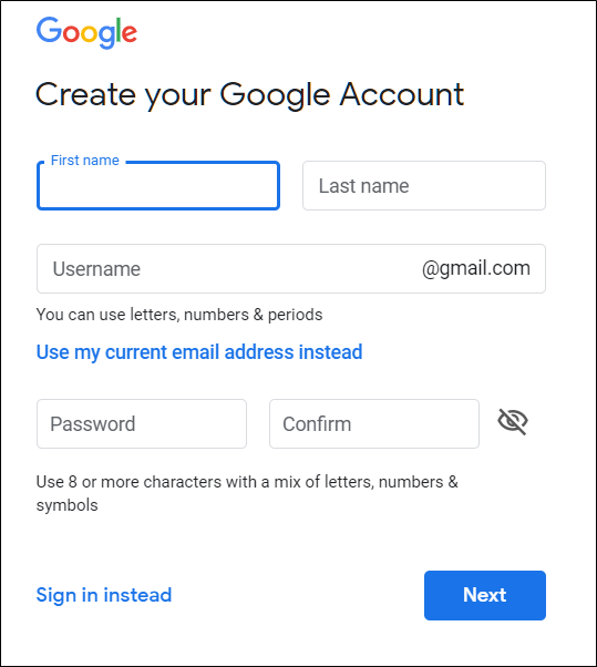 A página Crie sua Conta do Google, onde você digita seu nome e sobrenome, nome de usuário e senha.