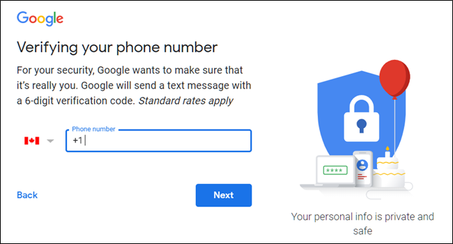 A tela "Verificando seu número de telefone" para criar uma conta do Google.