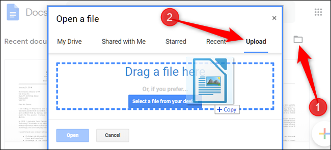 Clique no ícone de pasta e, em seguida, na guia Upload antes de arrastar um arquivo para a janela do navegador