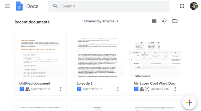 Visualização da página inicial do Google Docs