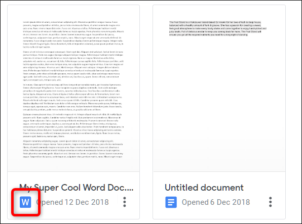 Um arquivo do Word tem um W azul localizado ao lado do nome do arquivo, clique nele para abrir no Documentos