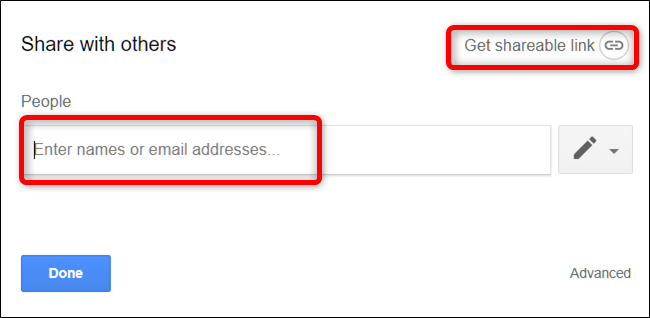 Insira os endereços de e-mail para enviar um e-mail ou clique em Obter link compartilhável para enviar manualmente o link