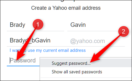 Clique com o botão direito do mouse no campo de senha vazio e clique em "Sugerir senha".