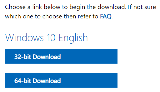 Selecione a versão de 32 ou 64 bits do Windows 10.