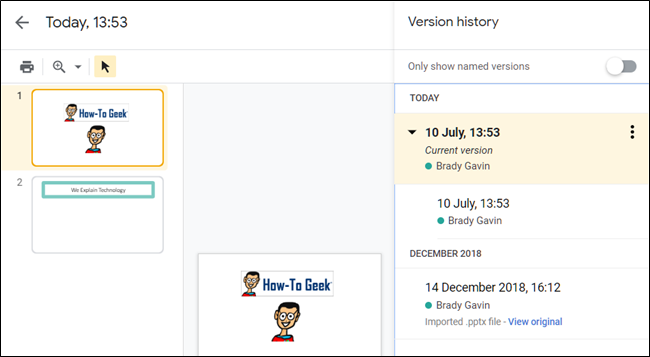 O histórico da versão de uma apresentação no Apresentações Google.