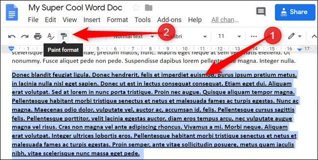 Realce o texto cujo formato deseja copiar e clique no ícone da ferramenta "Pintar formato".