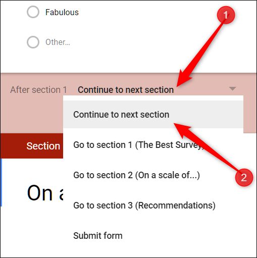 Clique no menu suspenso e selecione para onde o formulário deve direcionar as pessoas após concluírem a seção.