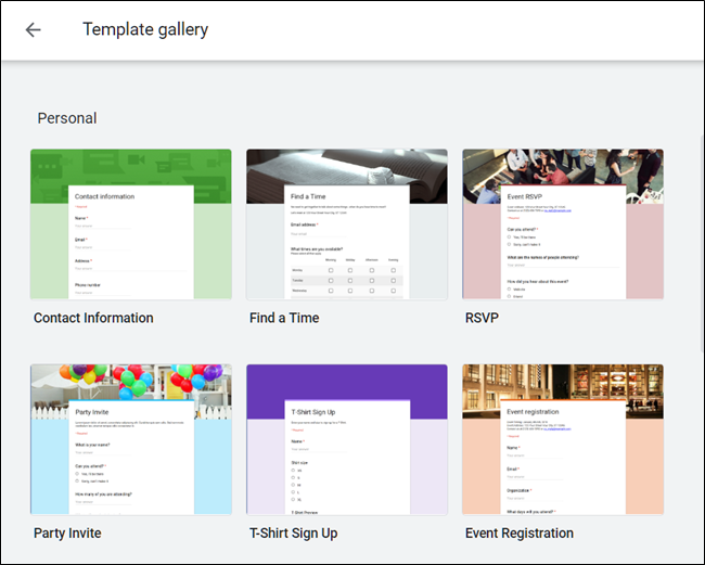 Galeria de modelos do Google Forms.