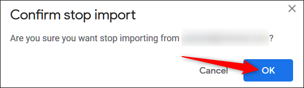 Na mensagem de confirmação que aparece, clique em "OK" para interromper a importação.
