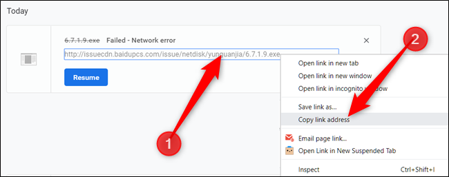 Clique com o botão direito do mouse no local de download da origem do arquivo e clique em "Copiar endereço do link".