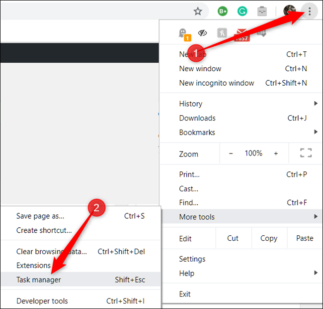 Clique nos três pontos, passe o mouse sobre “Mais Ferramentas” e clique em “Gerenciador de Tarefas” para abrir o Gerenciador de Tarefas.