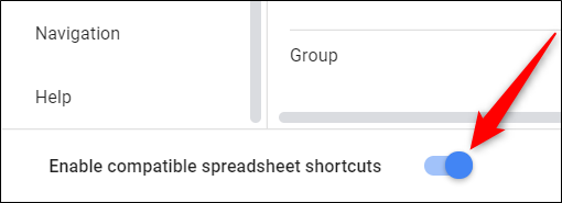 Clique no botão de alternância ao lado de "Ativar atalhos de teclado de planilhas compatíveis" para ativar.
