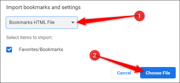 Escolha "Arquivo HTML de favoritos" no menu suspenso e clique em "Escolher arquivo".