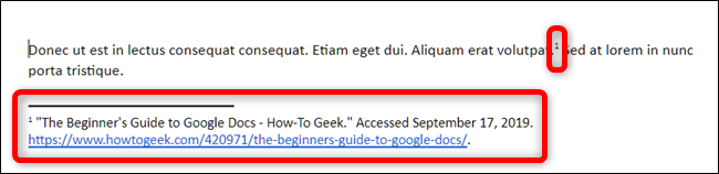 O Google docs coloca automaticamente um número sobrescrito no cursor e coloca a fonte em uma nota de rodapé no estilo de citação que você escolheu.